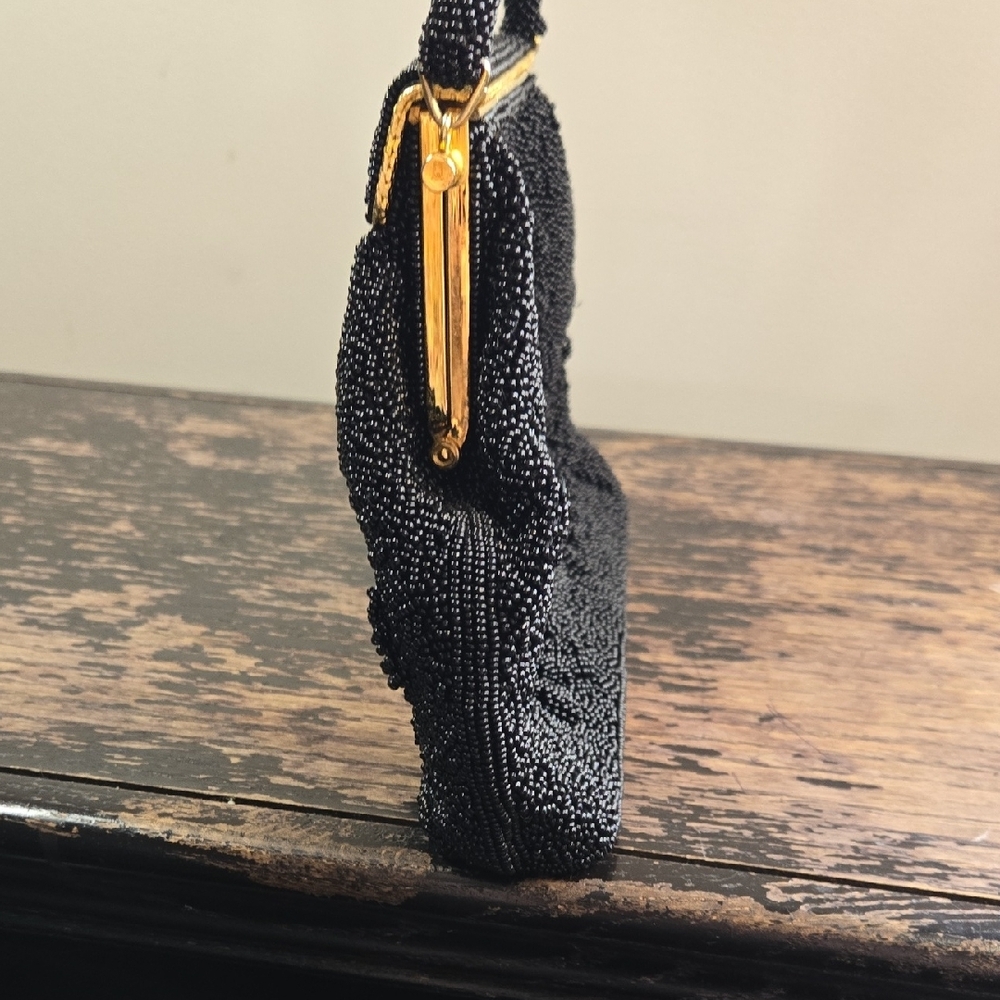 Black Beaded Vintage Handbag with Silk Interior - Picture 4 of 9